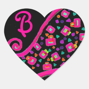STICKER CŒUR FUCHSIE ROSE NOIR DÉCO MONOGRAM ABSTRAIT