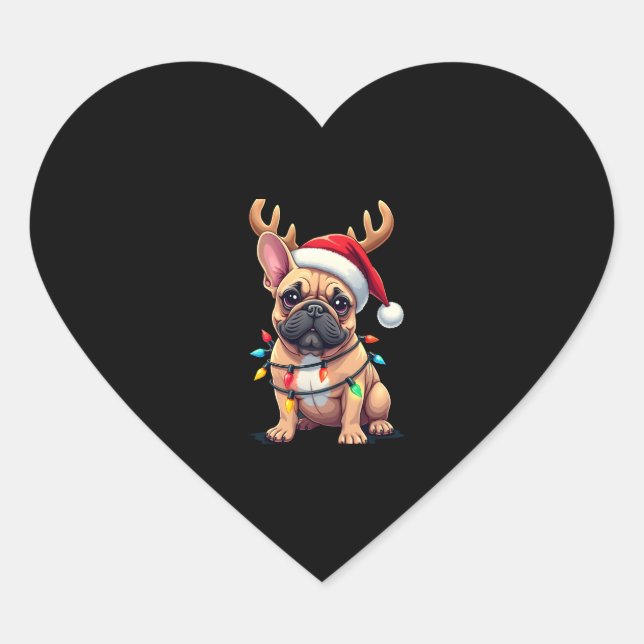 Sticker Cœur Funky French Bulldog Christmas Light Santa Hat Rei (Devant)