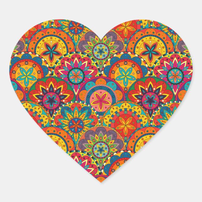 Sticker Cœur Funky Retro couleur Motif Mandala (Devant)