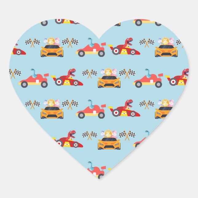 Sticker Cœur Funny Dinosaur voiture de course garçon anniversai (Devant)