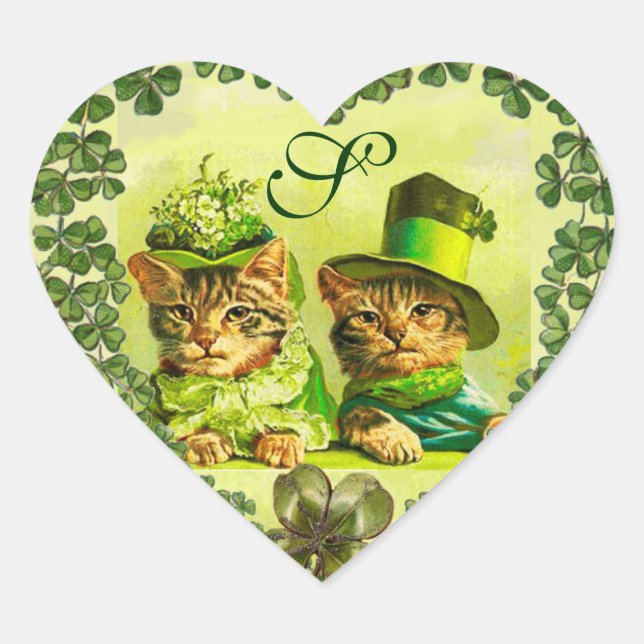 STICKER CŒUR FUNNY ST.PATRICK'S DAY CATS, COEUR SHAMROCK (Devant)