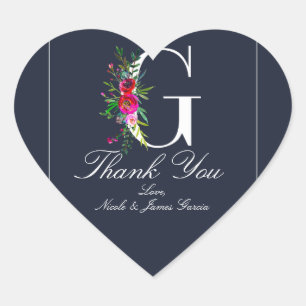 Sticker Cœur G Monogramme Dernier initial bleu Floral Mariage