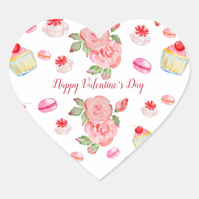 Sticker Cœur Gâteaux sucrés et roses en aquarelle (Devant)