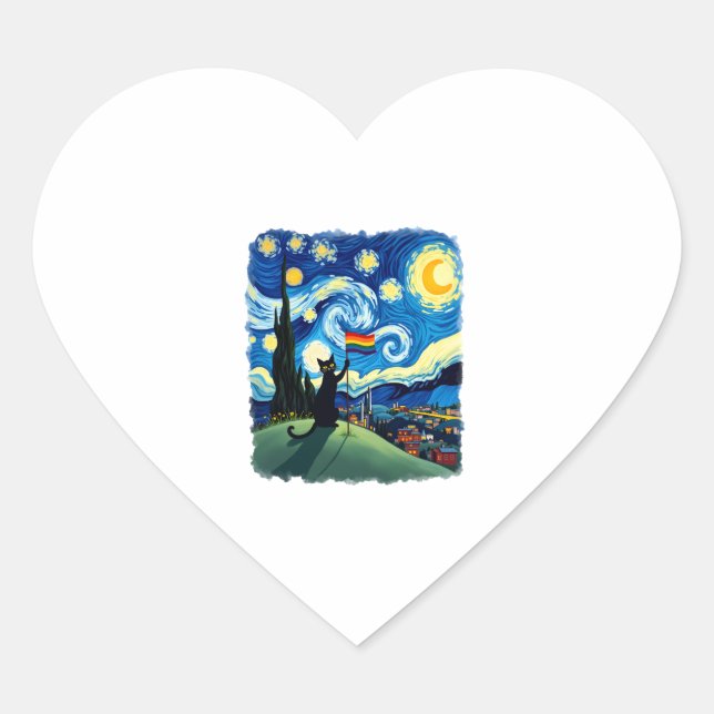 Sticker Cœur Gay Pride Cat Art Cat Starry Night Style LGBTQ Pri (Devant)