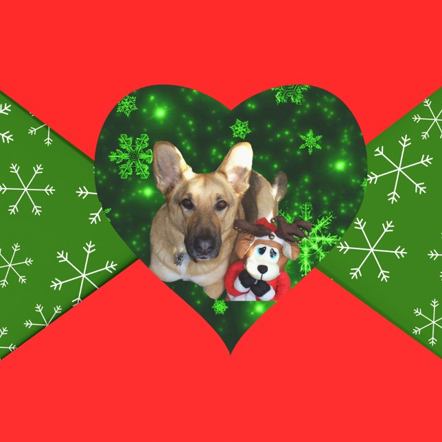 Sticker Cœur German Shepherd, Toy Reindeer, Green Snowflakes (German Shepherd, Toy Reindeer, Green Snowflakes Heart Sticker)