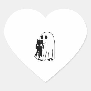 Sticker Cœur Ghost Holding Chat Noir Halloween Thème d'amitié