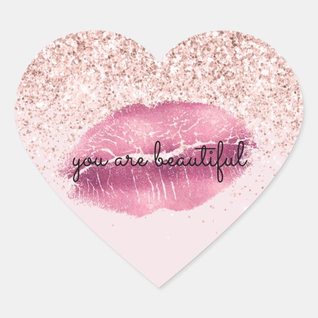 Sticker Cœur Glam Rose Kiss Lips Blush Parties scintillant (Devant)