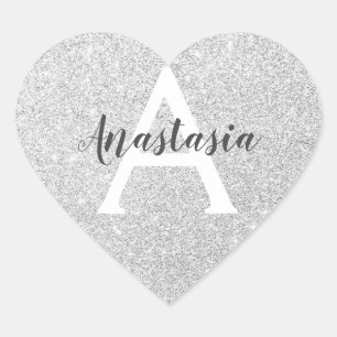 Sticker Cœur Glamour Féminin Paillettes Argentées Monogramme No