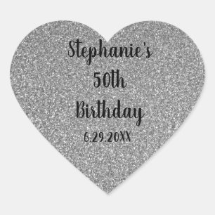 Sticker Cœur Glittery Grey Silver Personnalisé Joyeux Anniversa