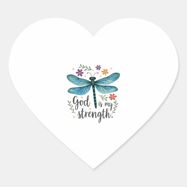 Sticker Cœur God is my strength Floral Dragonfly Christian T-Sh (Devant)