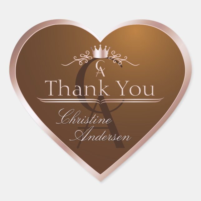 Sticker Cœur Gold Brown with Rose Gold Frame Monogram Thank You (Devant)