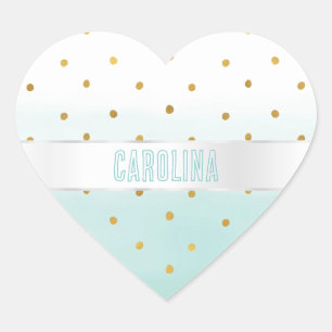 Sticker Cœur Gold Confetti Mint Aquarelle Nom