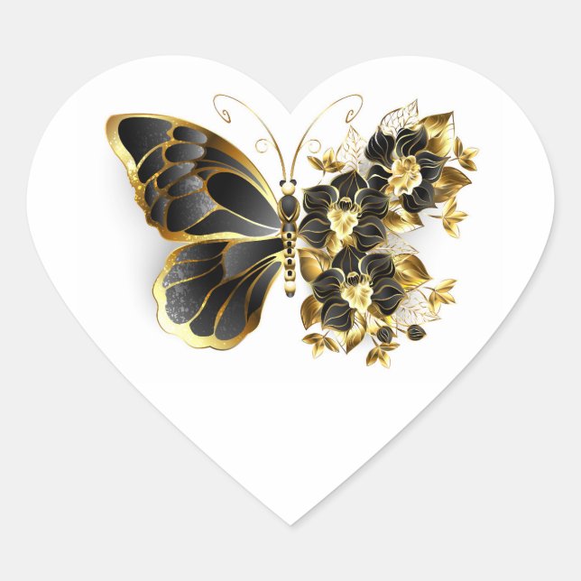 Sticker Cœur Gold flower Butterfly with Black Orchid (Devant)