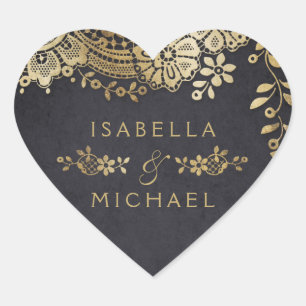 Sticker Cœur Gold noir élégant vintage dentelle mariage