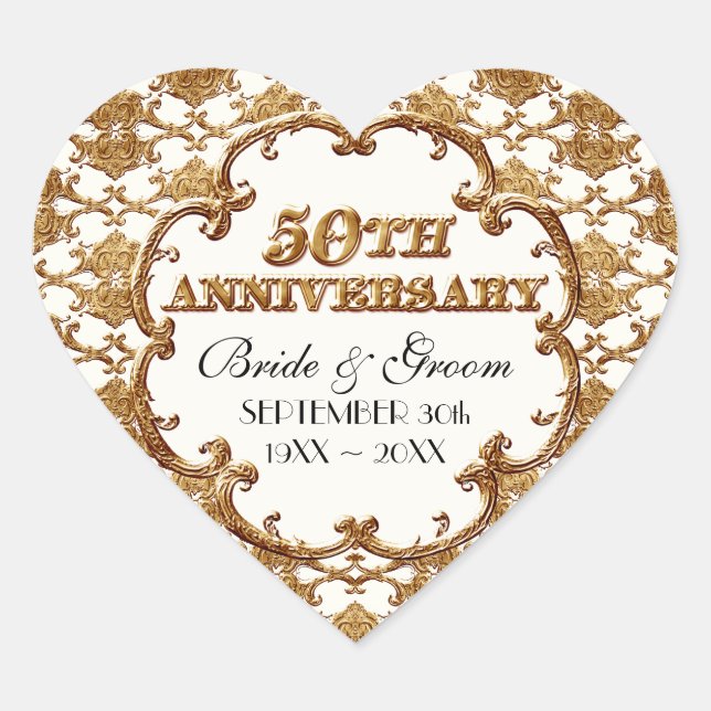Sticker Cœur Golden French Swirl Favor Cadeau 50e Anniversaire (Devant)