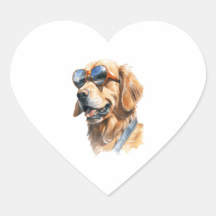 Sticker Cœur Golden Retriever avec lunettes de soleil 2