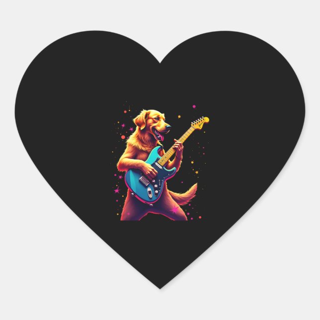 Sticker Cœur Golden Retriever chien Jouer Electric Guitar Rock (Devant)