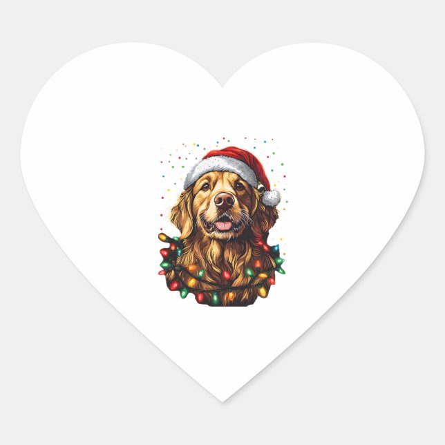 Sticker Cœur Golden Retriever Funny dog Christmas Santa Hat lig (Devant)