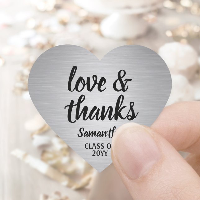 Sticker Cœur Graduation Amour & Merci Faux Brossé Argent (Créateur téléchargé)