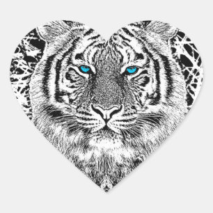 Sticker Cœur Graphique de tigre noir et blanc aux yeux bleus