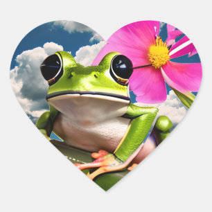 Sticker Cœur Grenouille mûre sur une branche de fleurs roses av