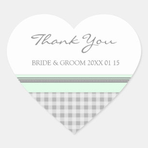 Sticker Cœur Gris Mint En vichy Merci Mariage Faveur Tags