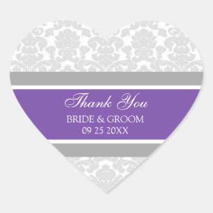 Sticker Cœur Gris Plum Damask Merci Wedding Favor Tags