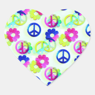Sticker Cœur Groovy Hippie Peace Signs Flower Power Aqua