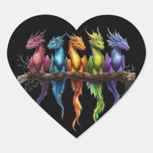 Sticker Cœur Groupe Arc-en-ciel de bébés dragons sur fond noir