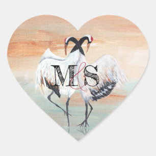 Sticker Cœur Grue Tancho Couronnée Rouge, Mariage Japonais Fave
