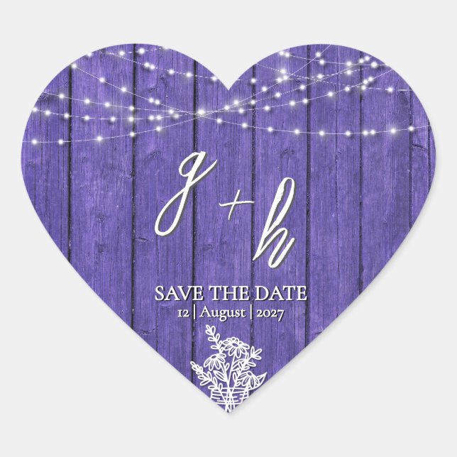 Sticker Cœur Guirlande lumineuse en bois rustique violet Bohème (Devant)