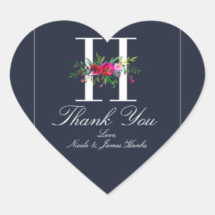 Sticker Cœur H Monogramme Dernier initial bleu Floral Mariage