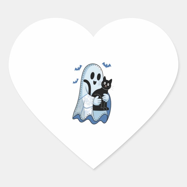 Sticker Cœur Halloween bleu Denim Ghost et chat (Devant)