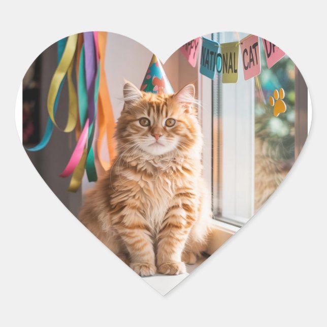 Sticker Cœur Happy National Cat Day Celebration! (Devant)