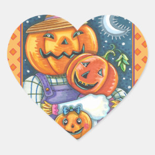 STICKER CŒUR HEUREUSE FAMILLE JACK-O'-LANTERN, COLORÉE ET MORTE