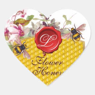 STICKER CŒUR HONEY BEE, CYCLAMENS RED WAX SEAL HEART MONOGRAS