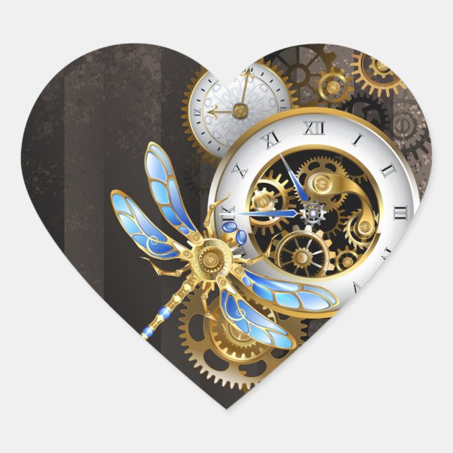 Sticker Cœur Horloge à vapeur avec libellule mécanique (Devant)