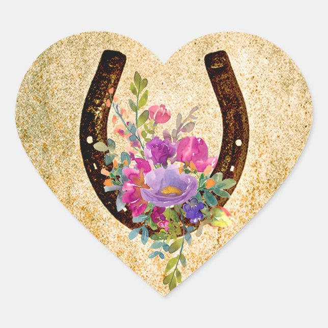 Sticker Cœur Horseshoe Rustique Aquarelle Florale Bonne chance (Devant)