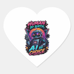 Sticker Cœur Humain de naissance, IA par choix, néon robotique 