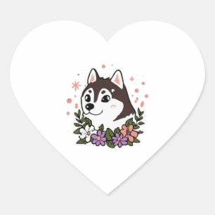 Sticker Cœur Husky Flowers Amoureux des chiens Malamute