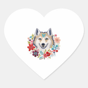 Sticker Cœur Husky Sibérien avec des fleurs florales Broderie p