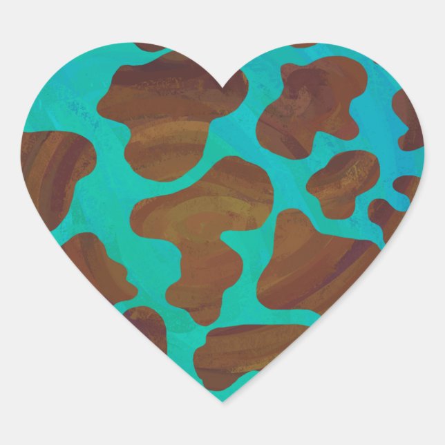 Sticker Cœur Impression Brown et Turquoise de vache (Devant)