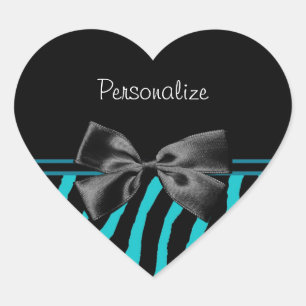 Sticker Cœur Impression Zèbre Noir Et Turquoise Avec Ruban