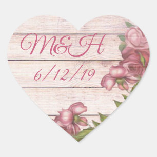 Sticker Cœur Initiales et Mariage Date Vintage Rose et bois