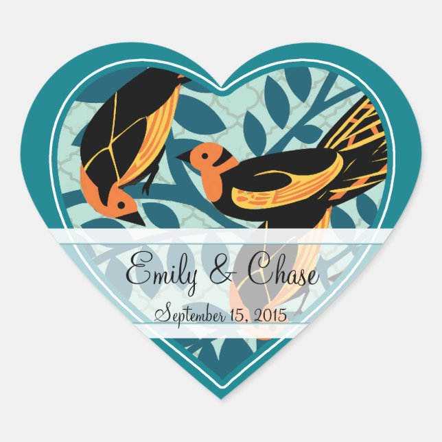 Sticker Cœur Inséparables Art déco turquoises assis dans un Mar (Devant)