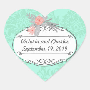 Sticker Cœur Invitation de Mint Mariage damassé moderne