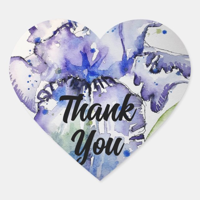 Sticker Cœur Iris Irises Fleur Floral Bleu Aquarelle Merci (Devant)