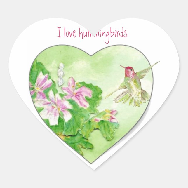 Sticker Cœur J'aime les colibris, collection d'oiseaux (Devant)