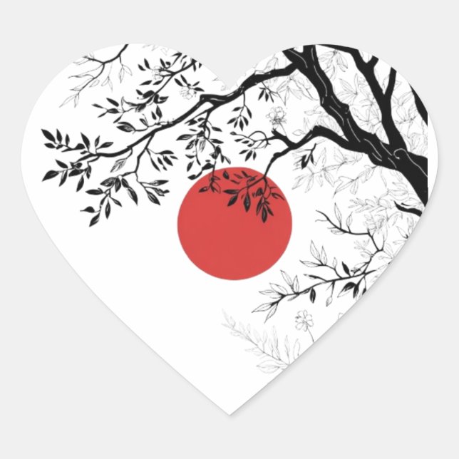 Sticker Cœur Japanese Red Sun & Brush Tree Art (Devant)