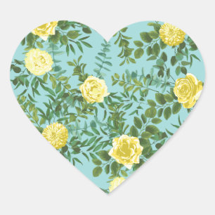 Sticker Cœur Jaune et Aqua Vintage Ressort Mariage Floral
